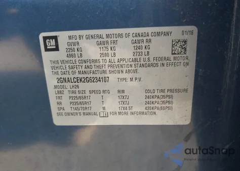 2016 Chevrolet Equinox Lt from USA, damaged, VIN 2GNALCEK2G6234107